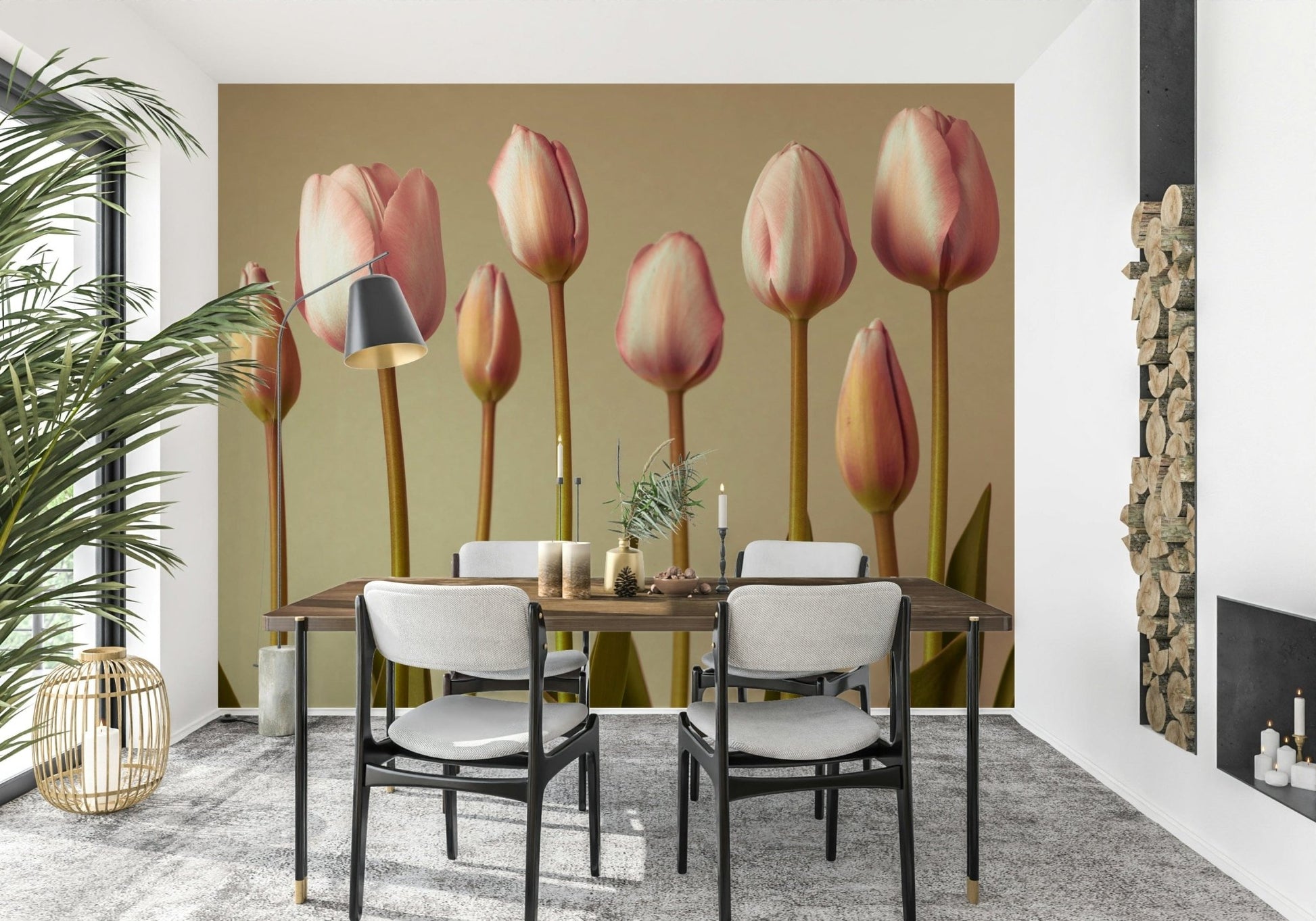 Emerging Elegance removable wallpaper showcasing pink tulips.