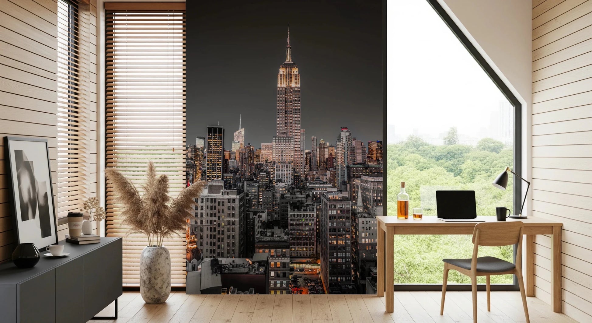 City skyline wallpaper showing Empire State Building on feature wall