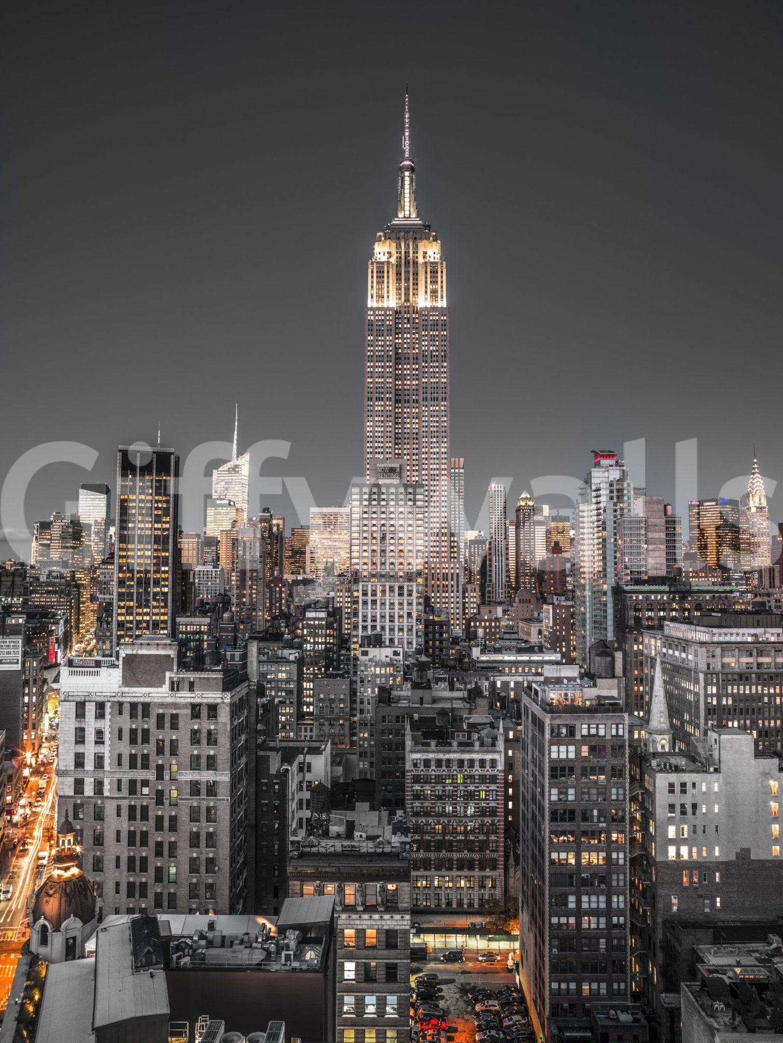 Empire State Building Wall Mural with skyline and street lights
