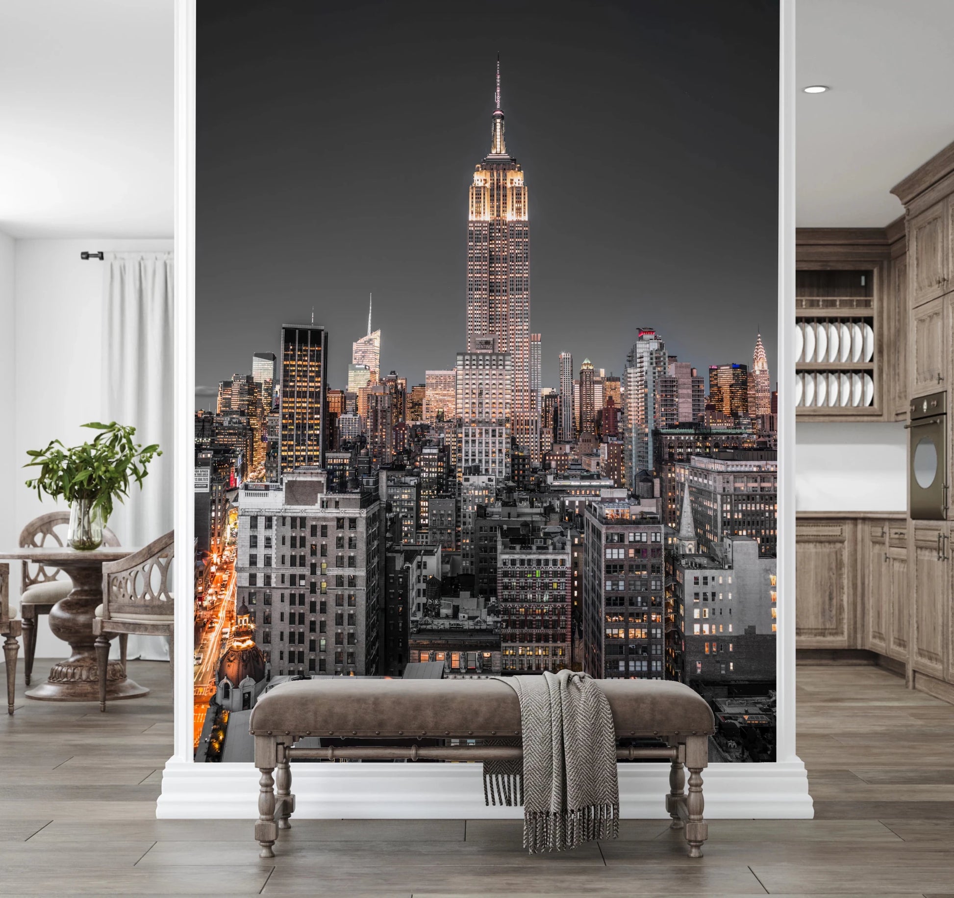 City skyline wall mural with famous tower and modern buildings