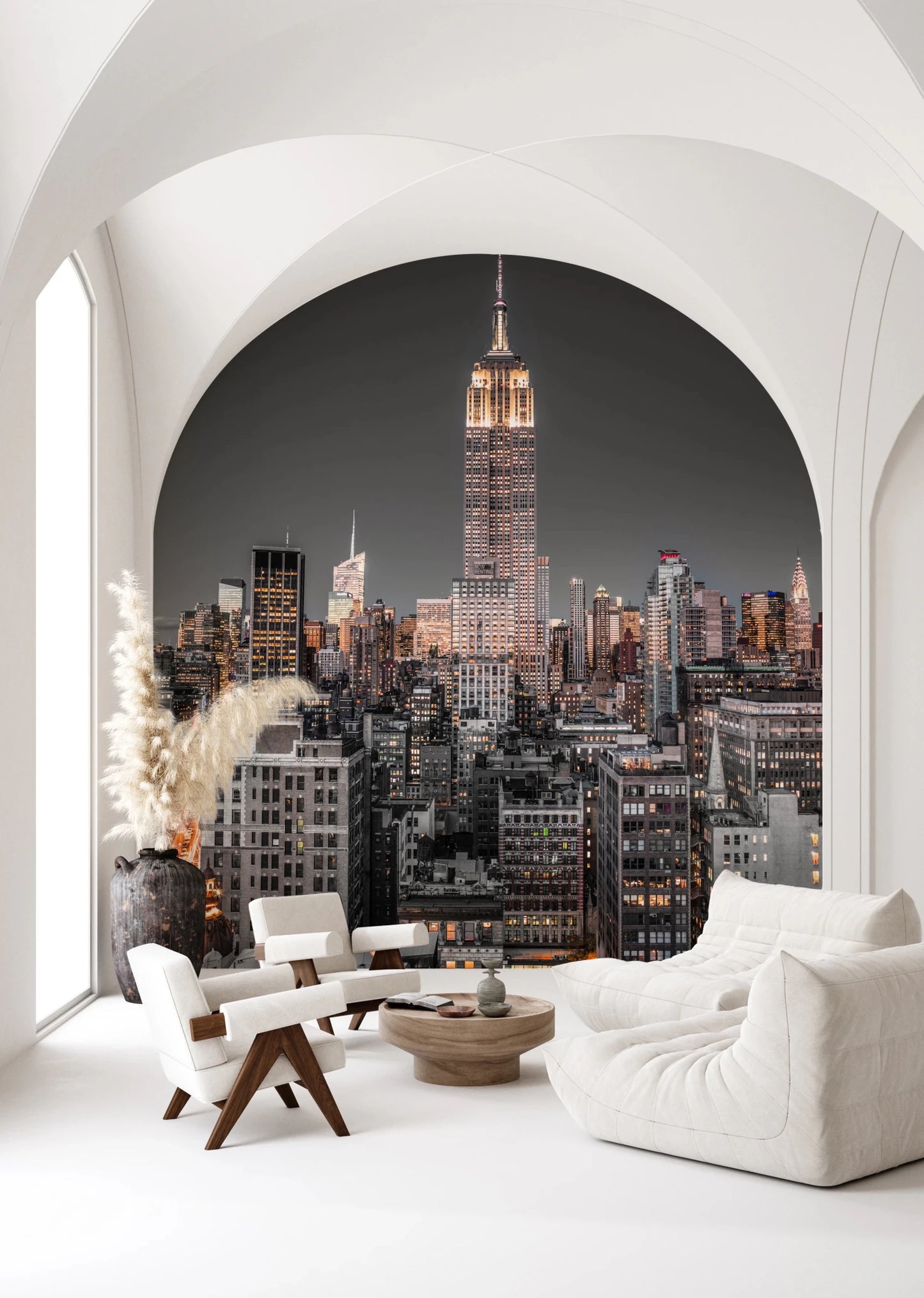 Urban city wallpaper with tall buildings for home wall decor