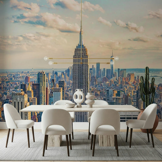 Sunset city skyline wallpaper for walls building scene.