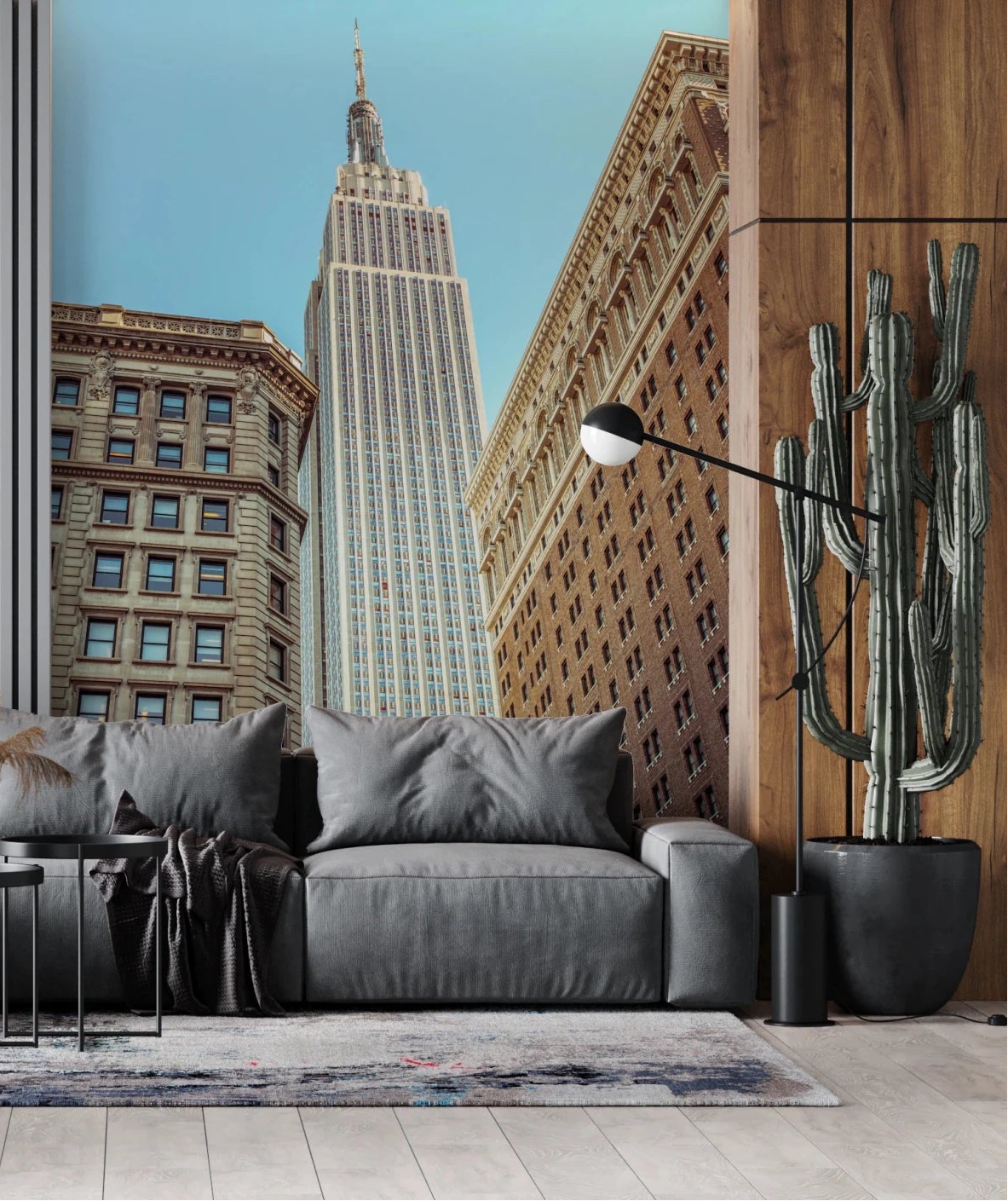 Empire State Rise wall mural in living room with tall building view, GD8762