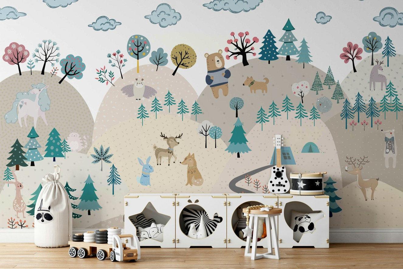 A peaceful forest scene with friendly, stylized animals.

