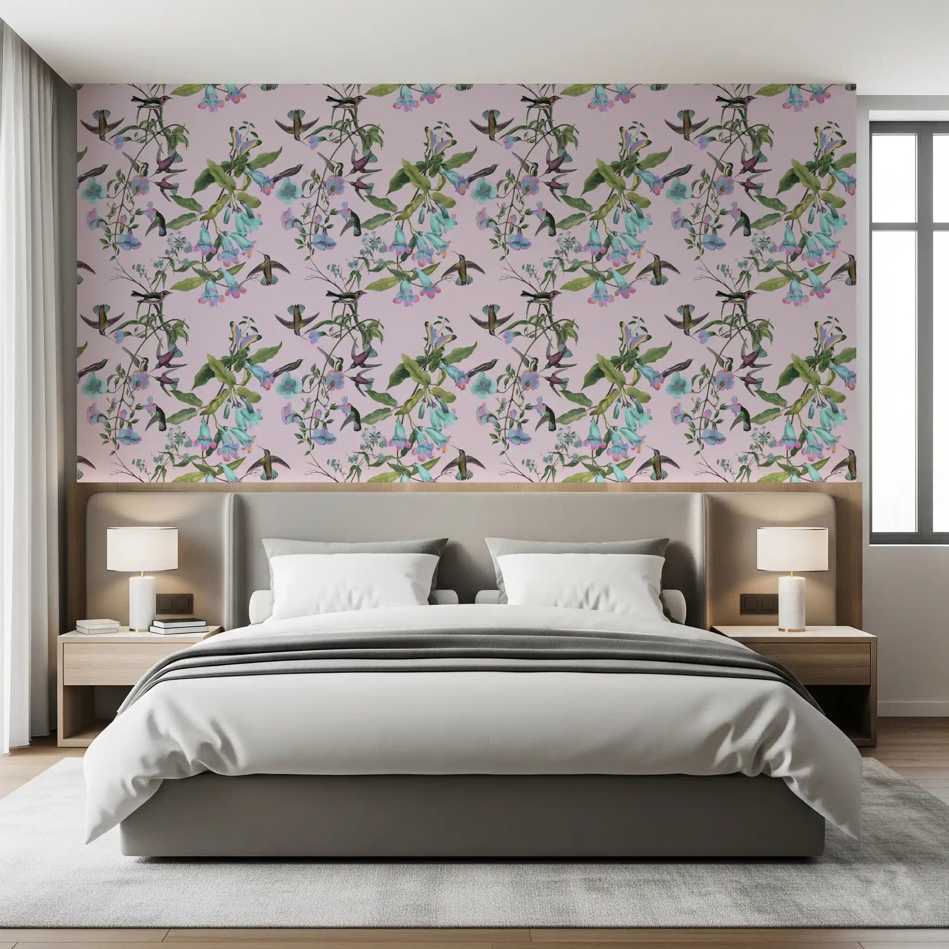 Aviary Flowers wallpaper in bedroom with soft vines and bird detail, GD9341