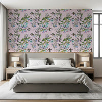Aviary Flowers wallpaper in bedroom with soft vines and bird detail, GD9341