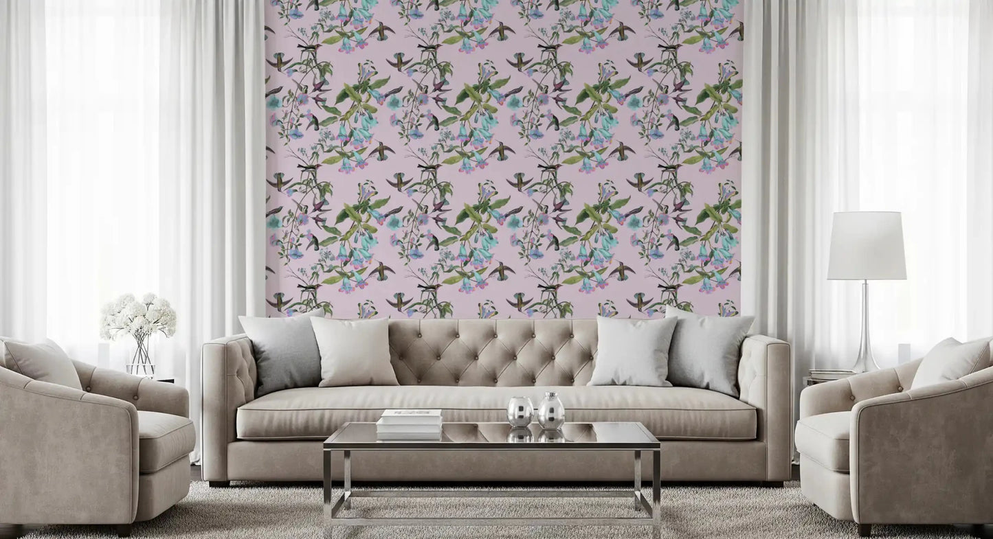 Enchanted Aviary Flowers wallpaper with soft birds and vine trails, GD9341