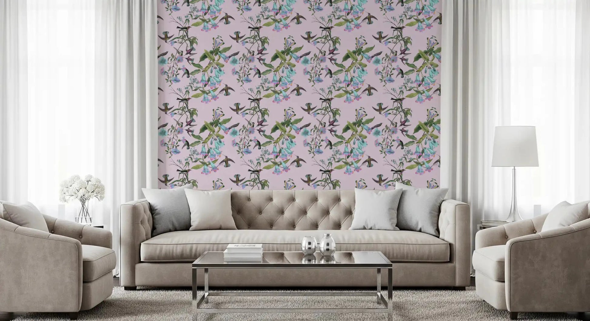Enchanted Aviary Flowers wallpaper with soft birds and vine trails, GD9341