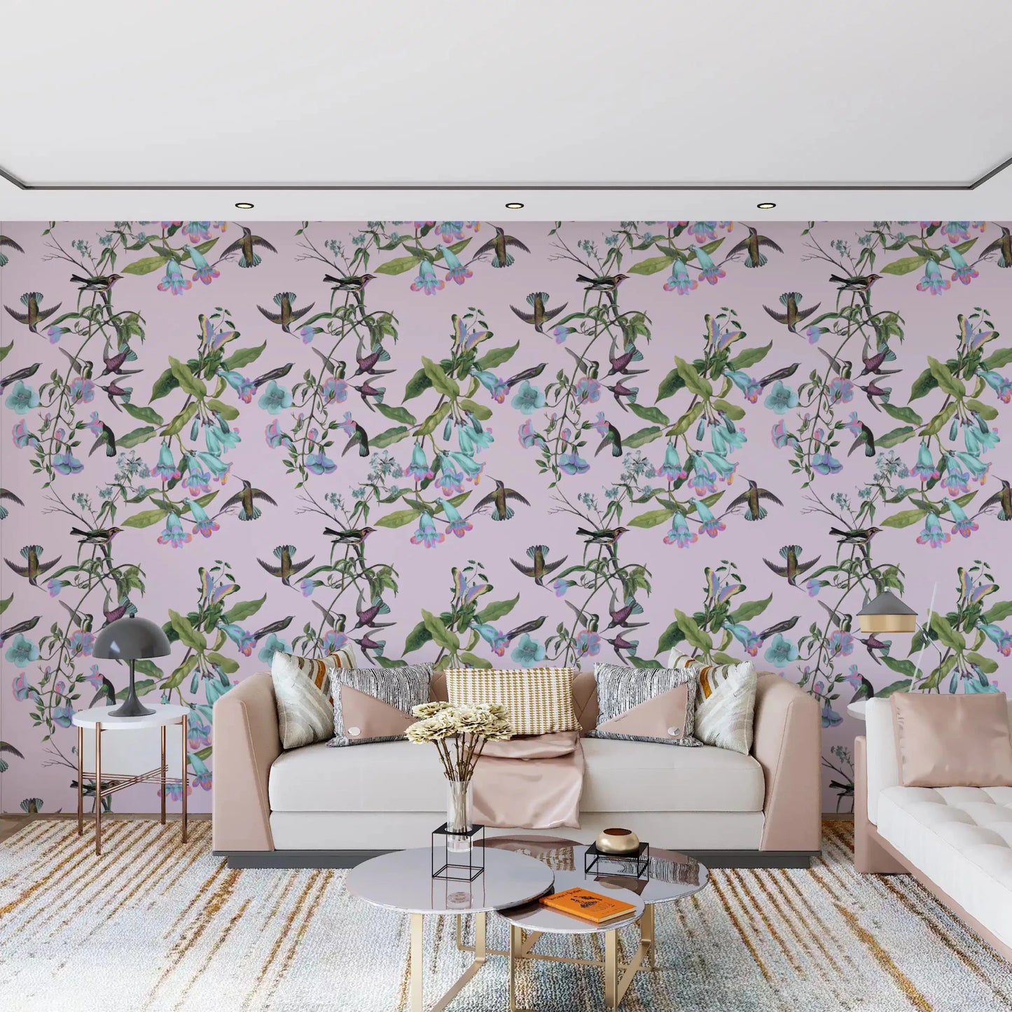 Pastel Aviary Flowers wallpaper with lilac blooms and green stems, GD9341