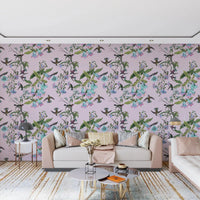 Pastel Aviary Flowers wallpaper with lilac blooms and green stems, GD9341
