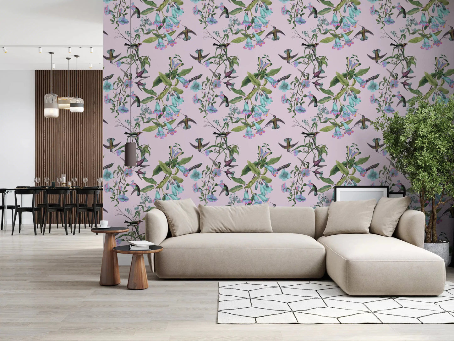 Enchanted Aviary Flowers wallpaper in living room with pastel birds, GD9341