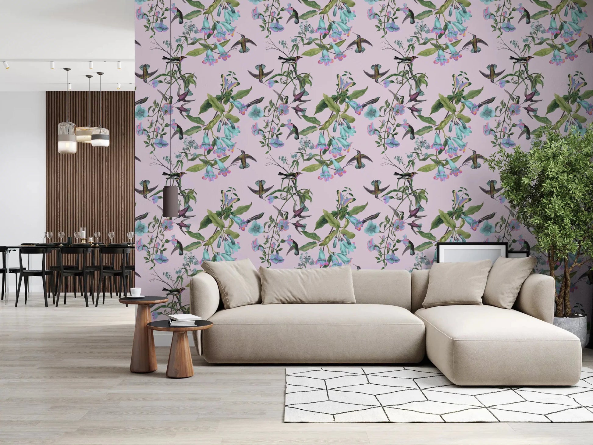 Enchanted Aviary Flowers wallpaper in living room with pastel birds, GD9341