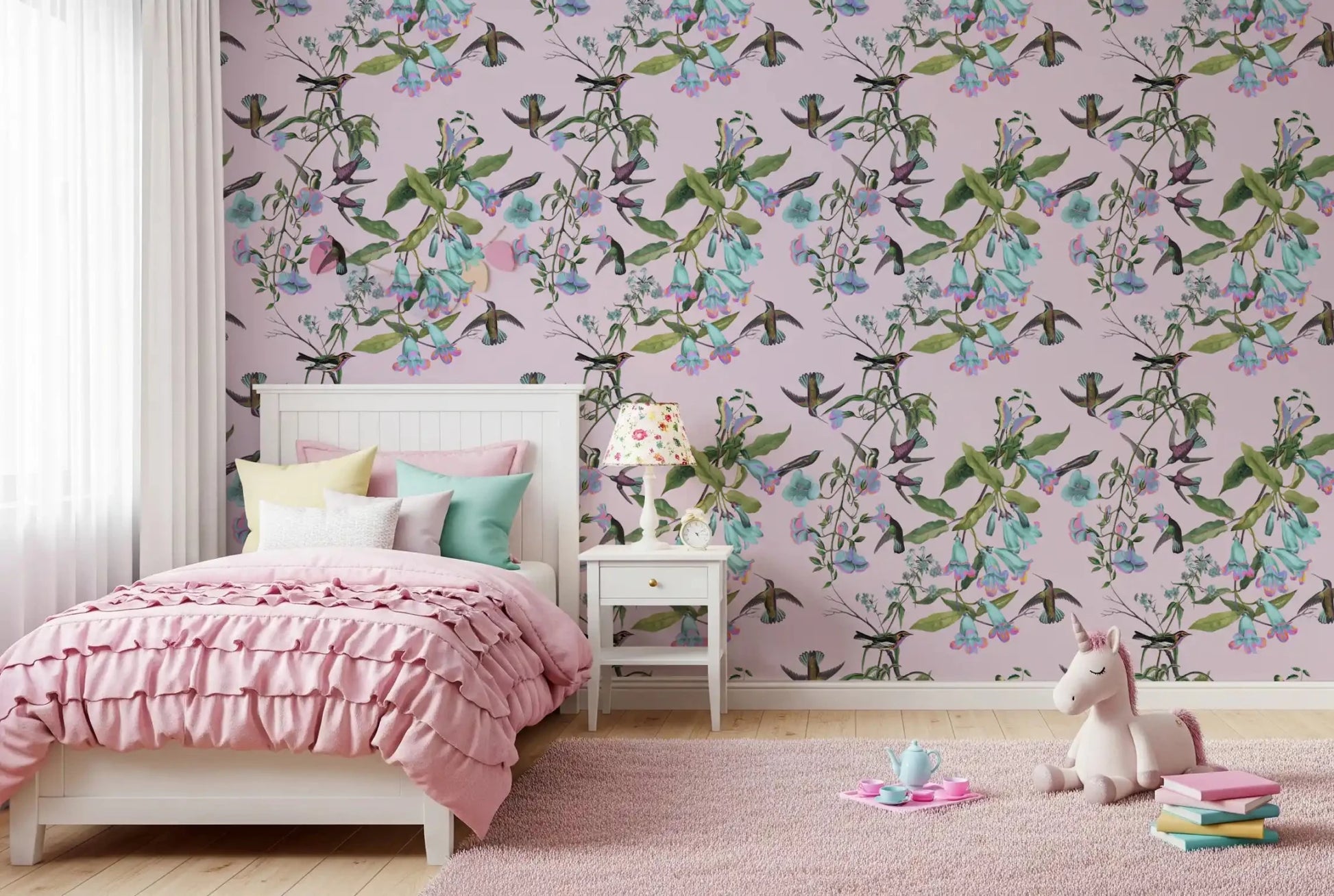 Enchanted floral bird wallpaper with Aviary vines and soft detail, GD9341