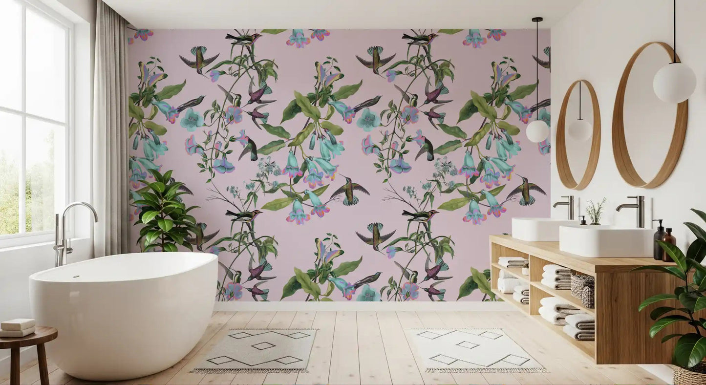 Aviary wallpaper with Enchanted Flowers pattern and pastel birds, GD9341
