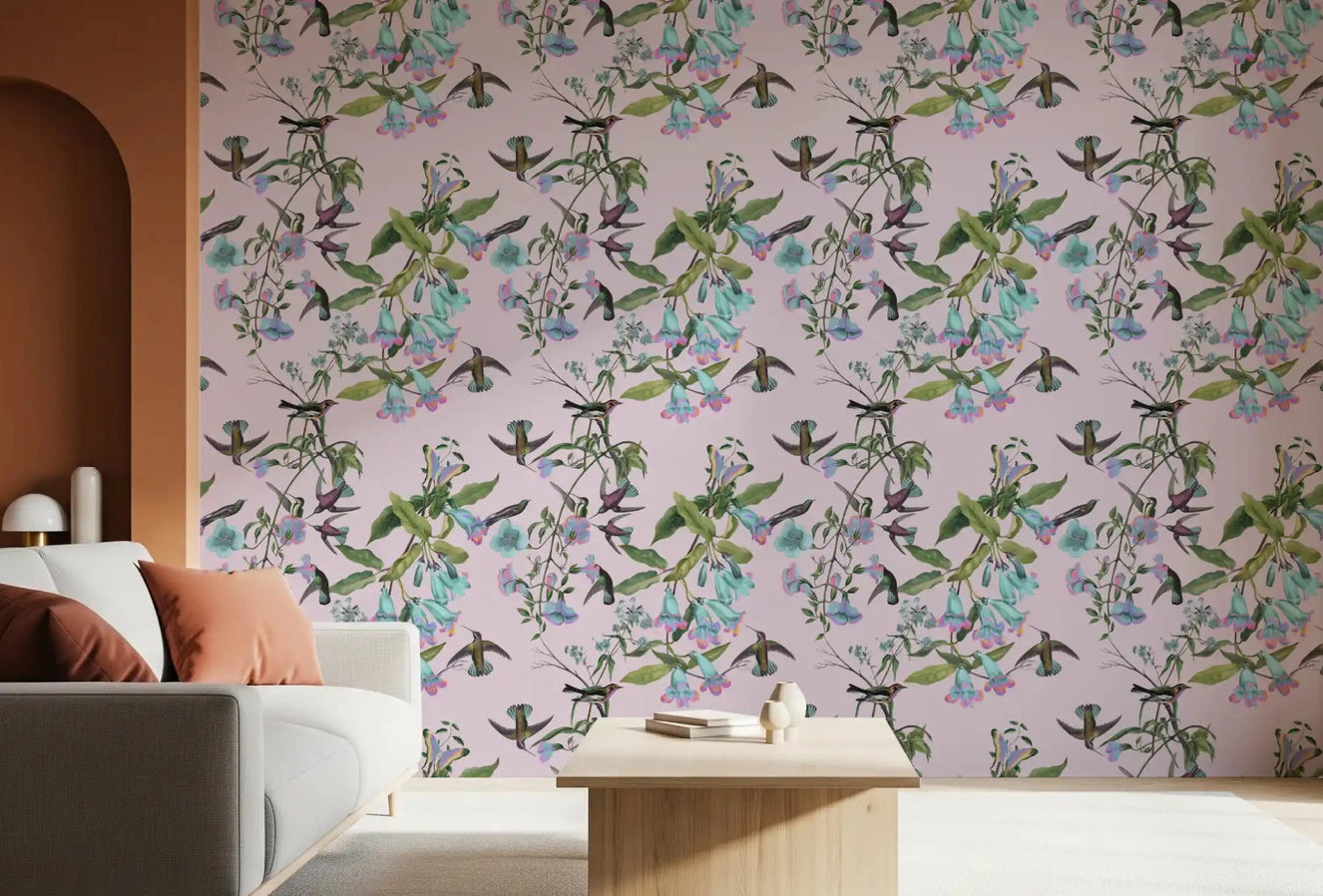 Enchanted Aviary wallpaper in study room with pastel floral birds