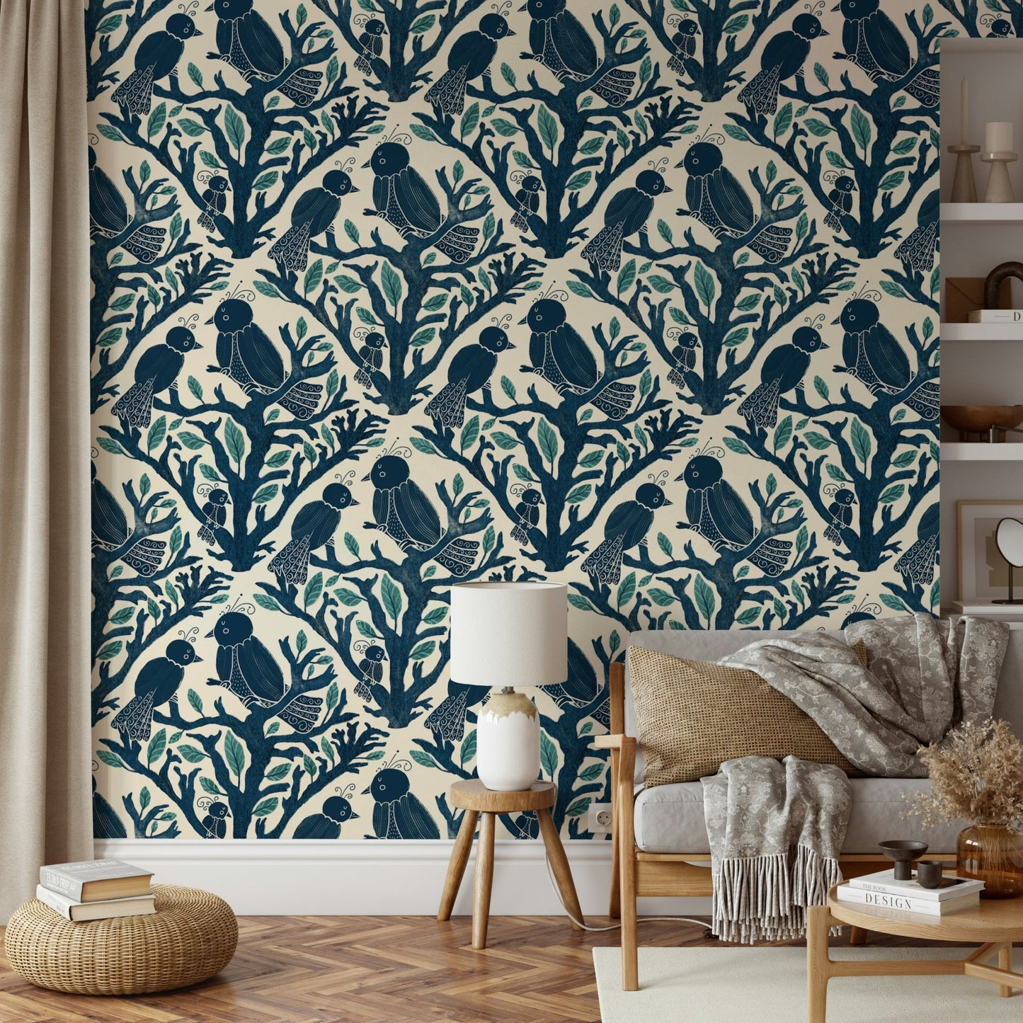 Beautiful bird patterns in enchanted aviary wallpaper design

