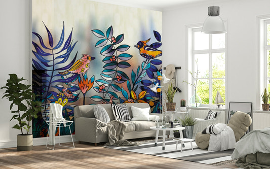 A beautiful ethereal forest wallpaper mural with subtle, mystical birds.