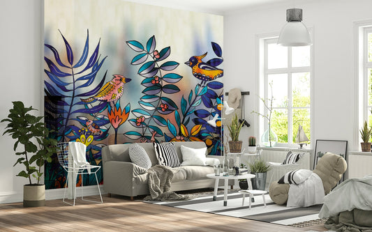 A beautiful ethereal forest wallpaper mural with subtle, mystical birds.