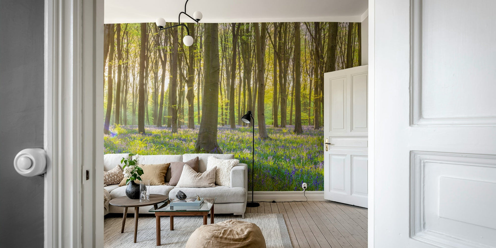 Woodland path mural with purple flowers

