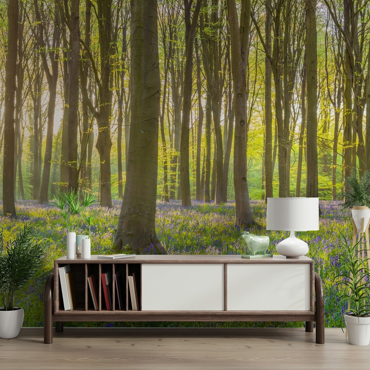 Nature wall mural with blooming bluebells

