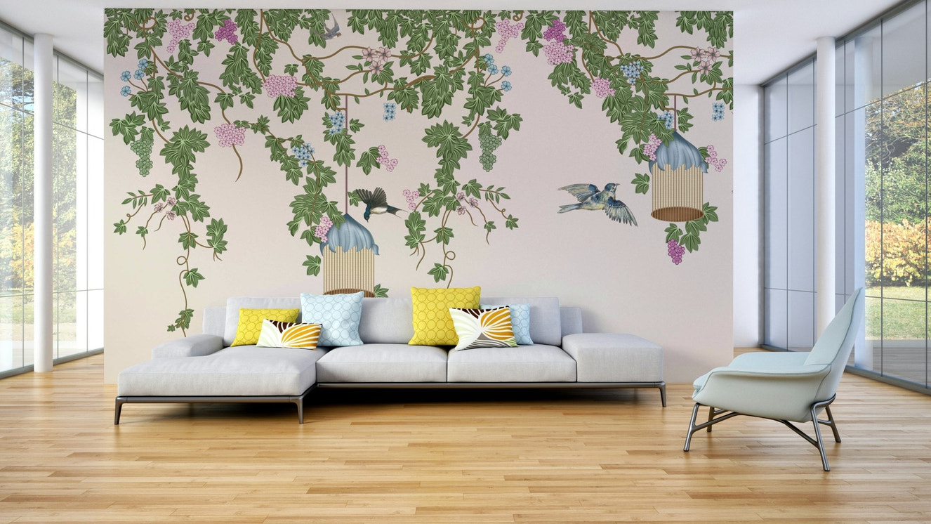 A peaceful wall mural with a whimsical, enchanted design.


