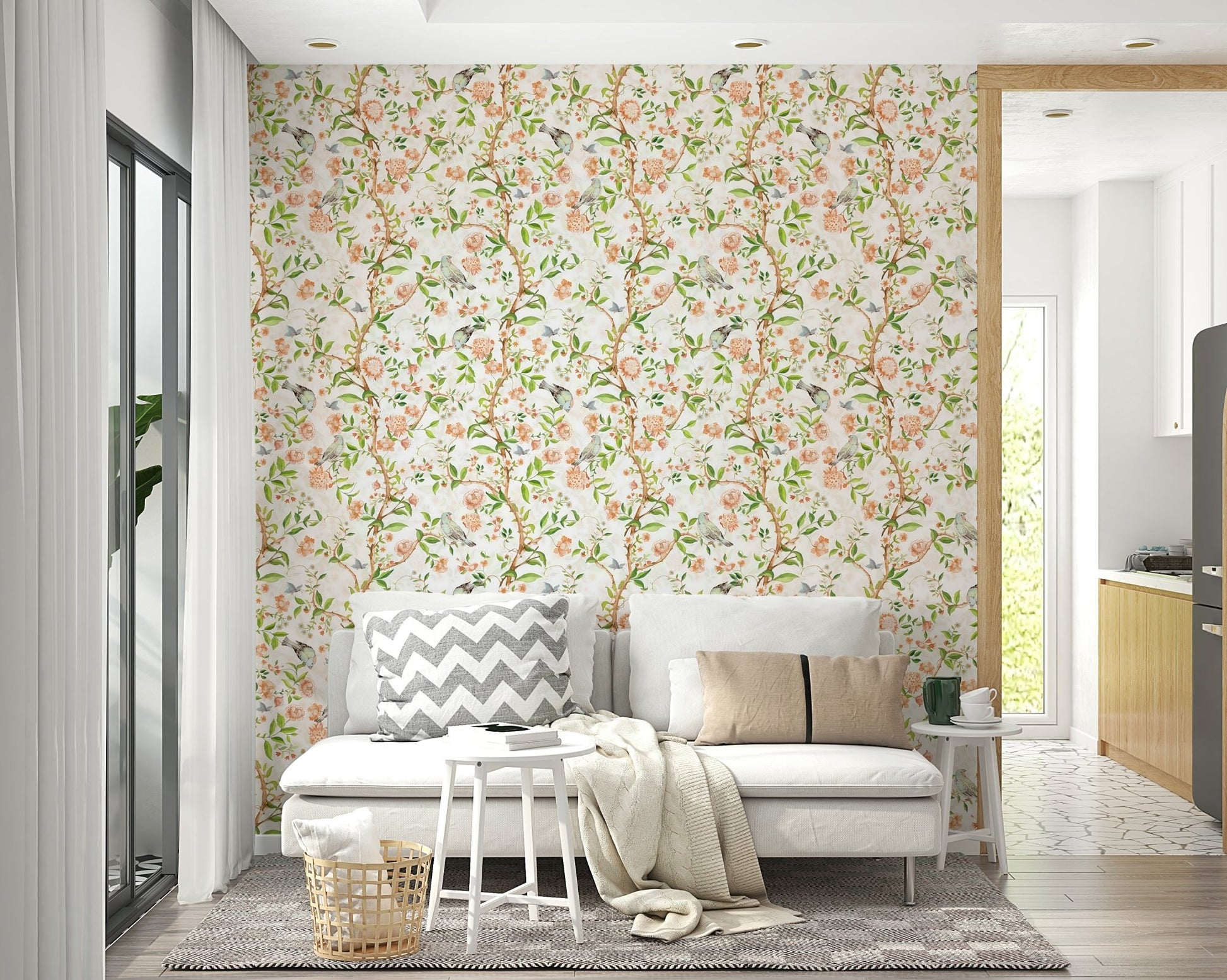 Enchanted floral mural in soft pastel tones


