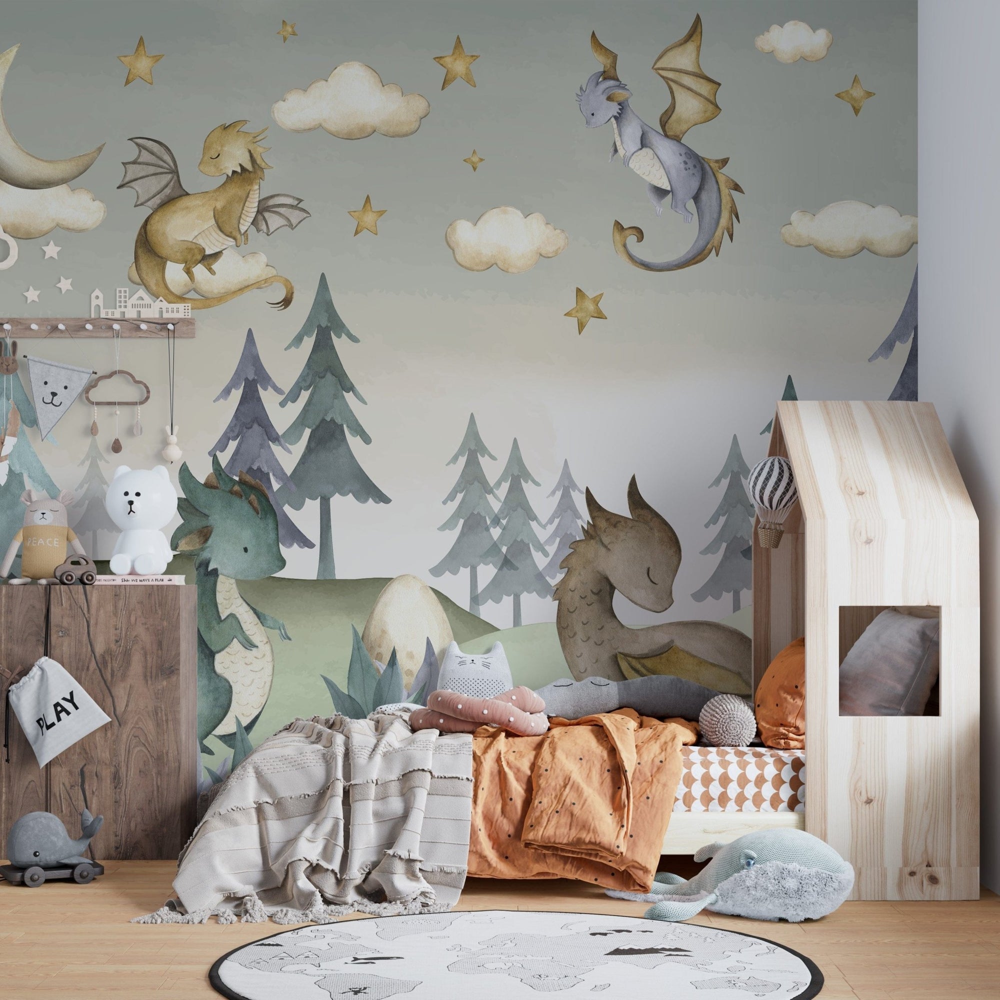 Dragon-themed mural with soft colors, C127