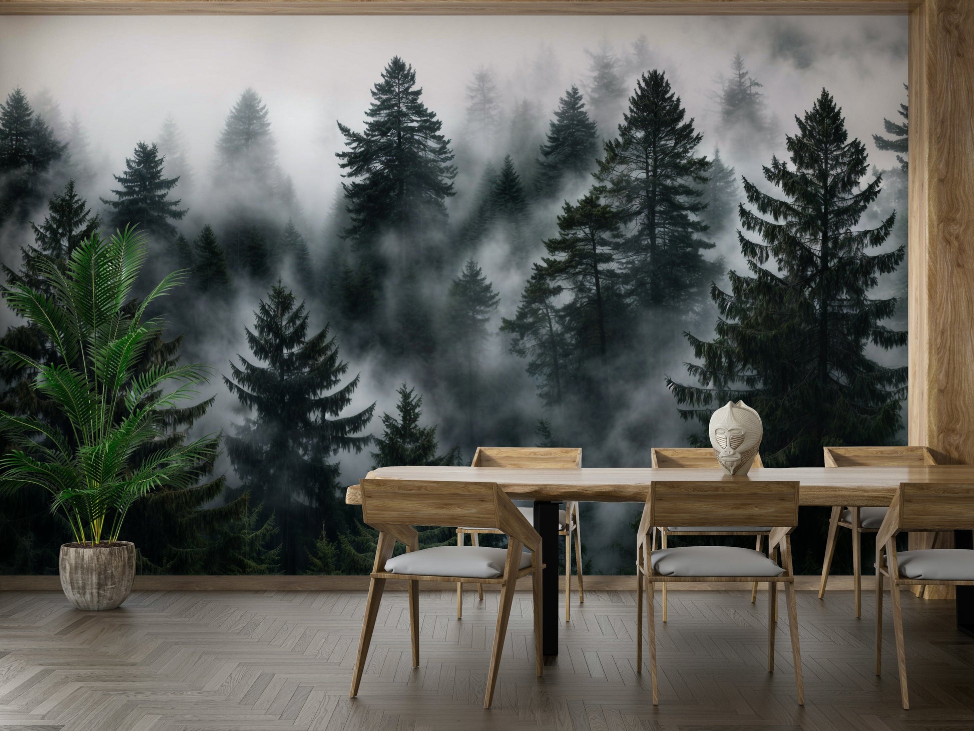 The image shows an artistic impression of a tranquil evergreen scene.

