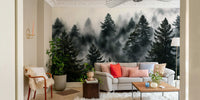 A wall mural of a peaceful evergreen forest.

