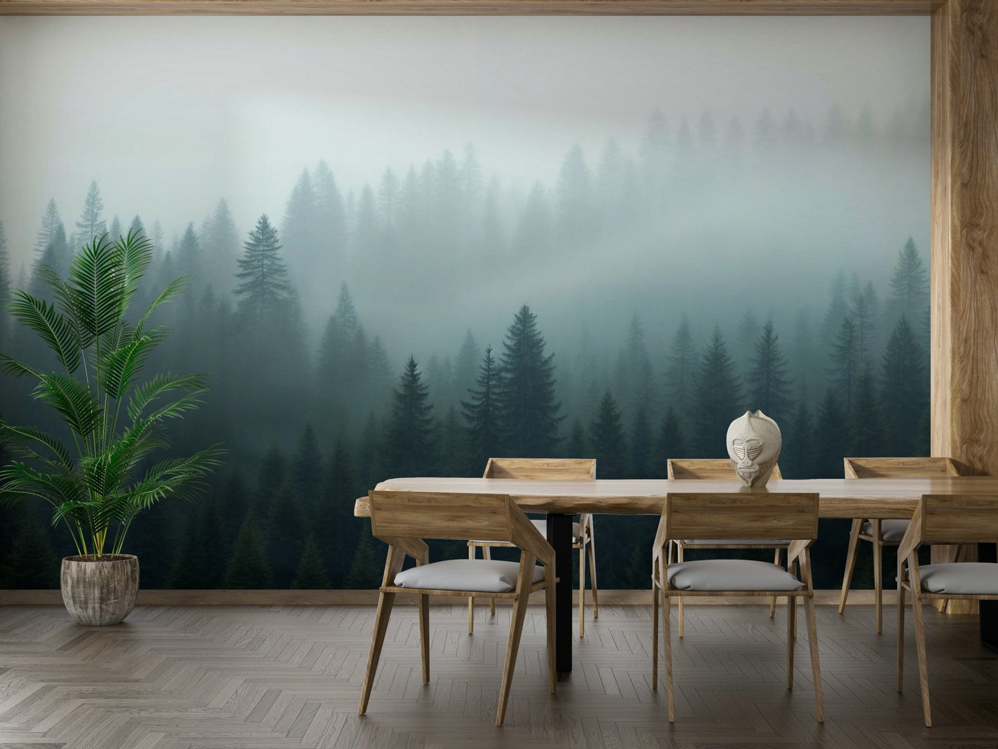Dense fog forest wallpaper design

