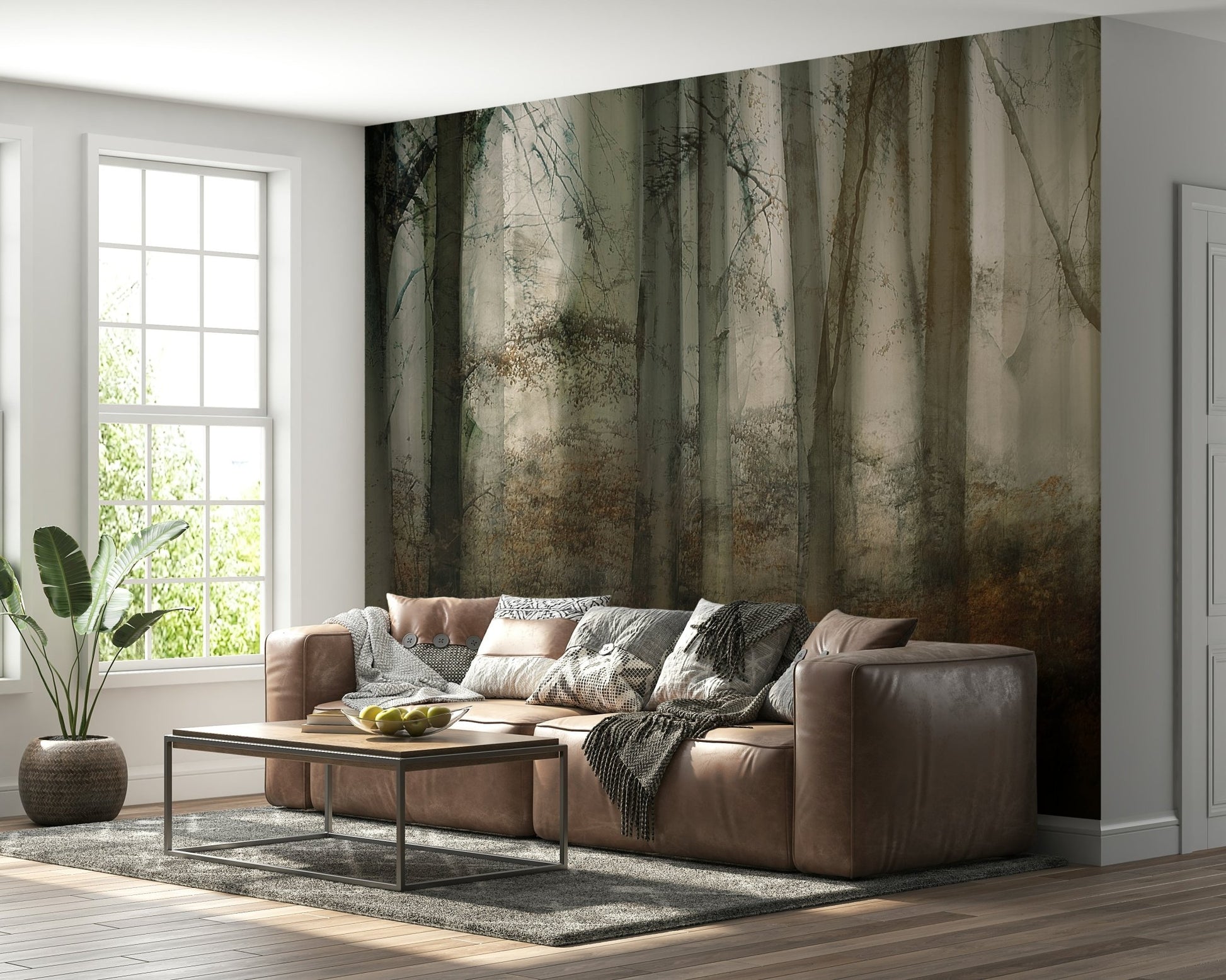A graceful subtle light wall mural in cool, natural tones.