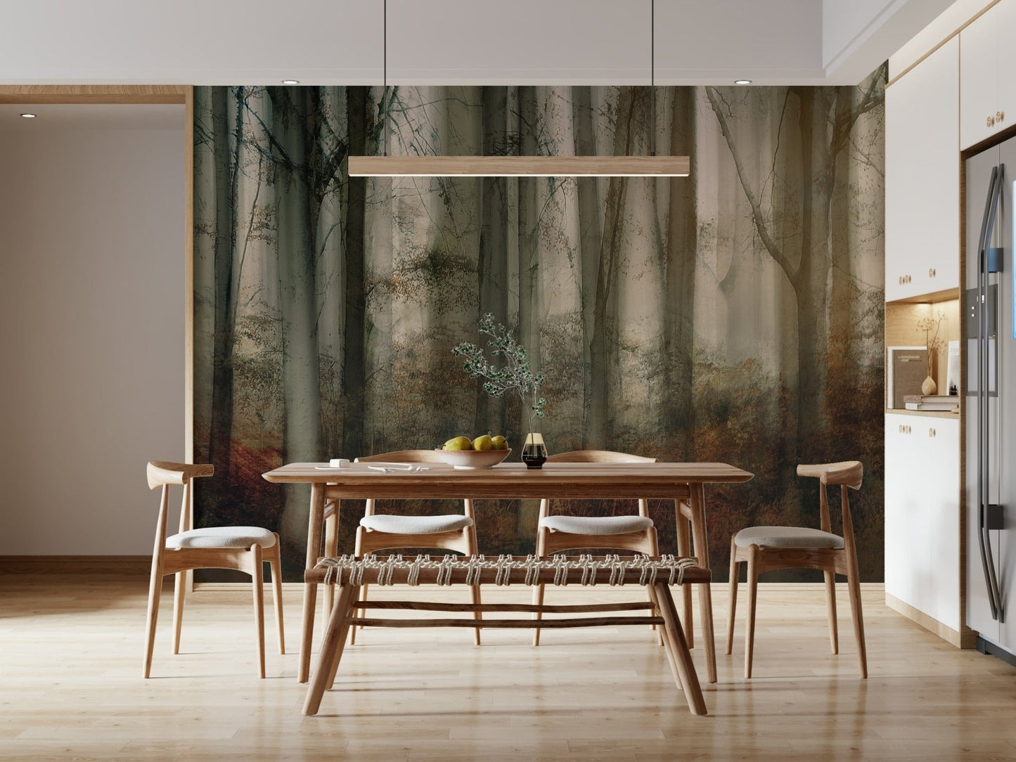 A calming serene forest wallpaper mural that defines a space.