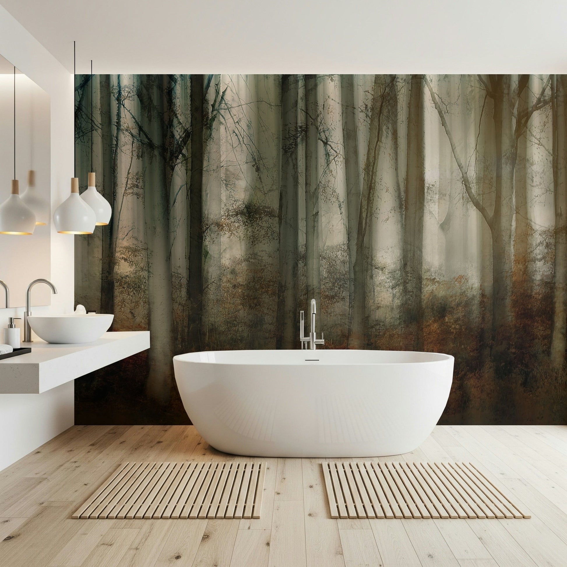 A beautiful wide-angle wall mural of a misty wood.