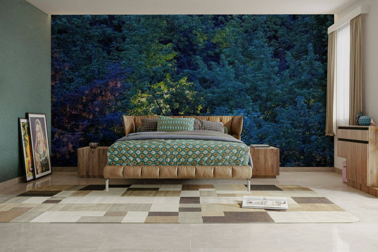 Lush trees and undergrowth in twilight hues.

