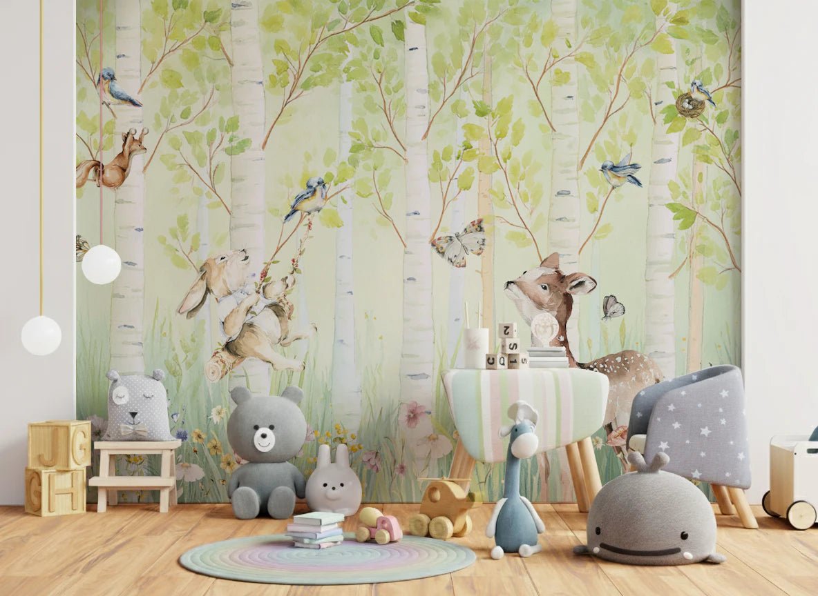 Enchanted Forest mural with deer and bunny