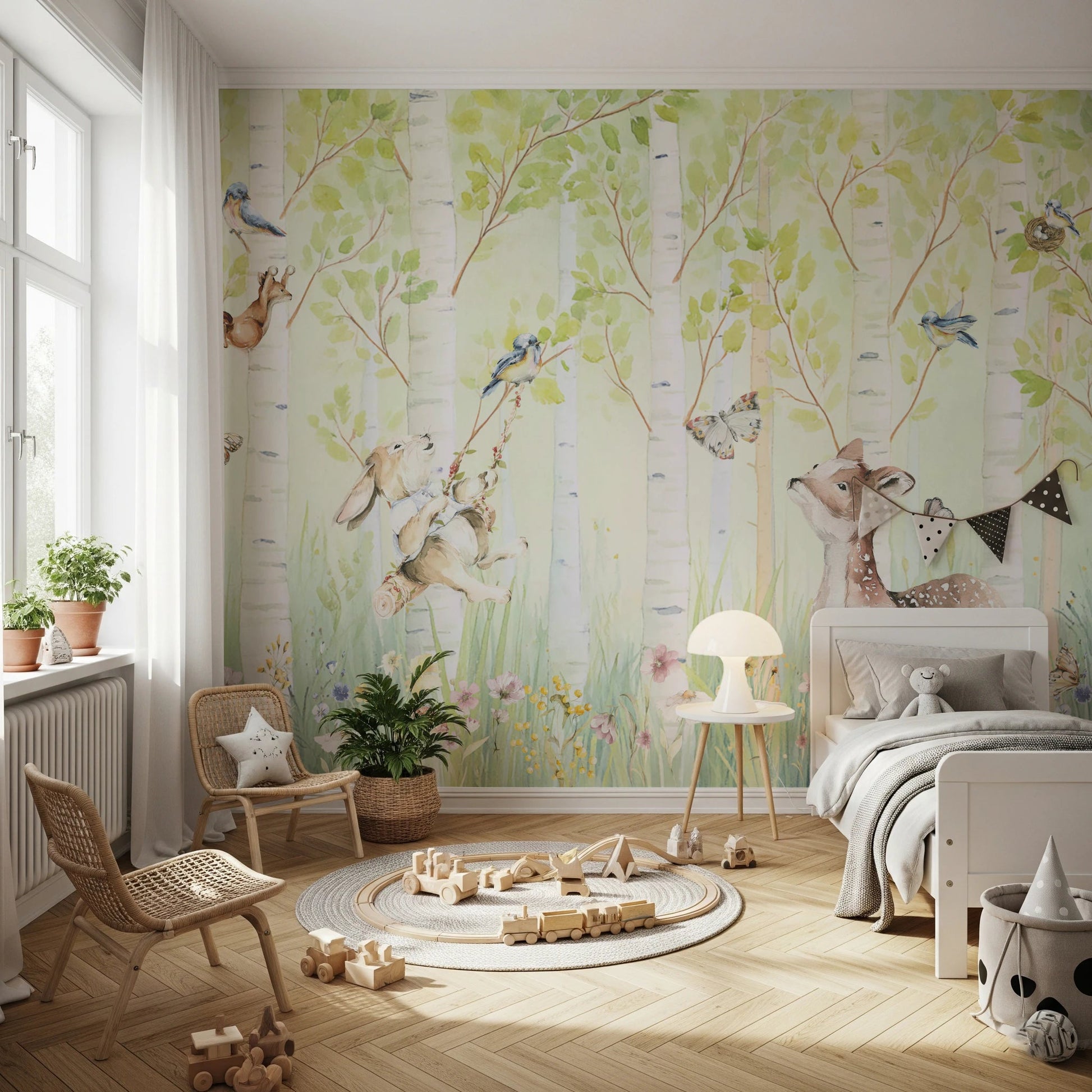 Forest birds and animals wall mural for nursery