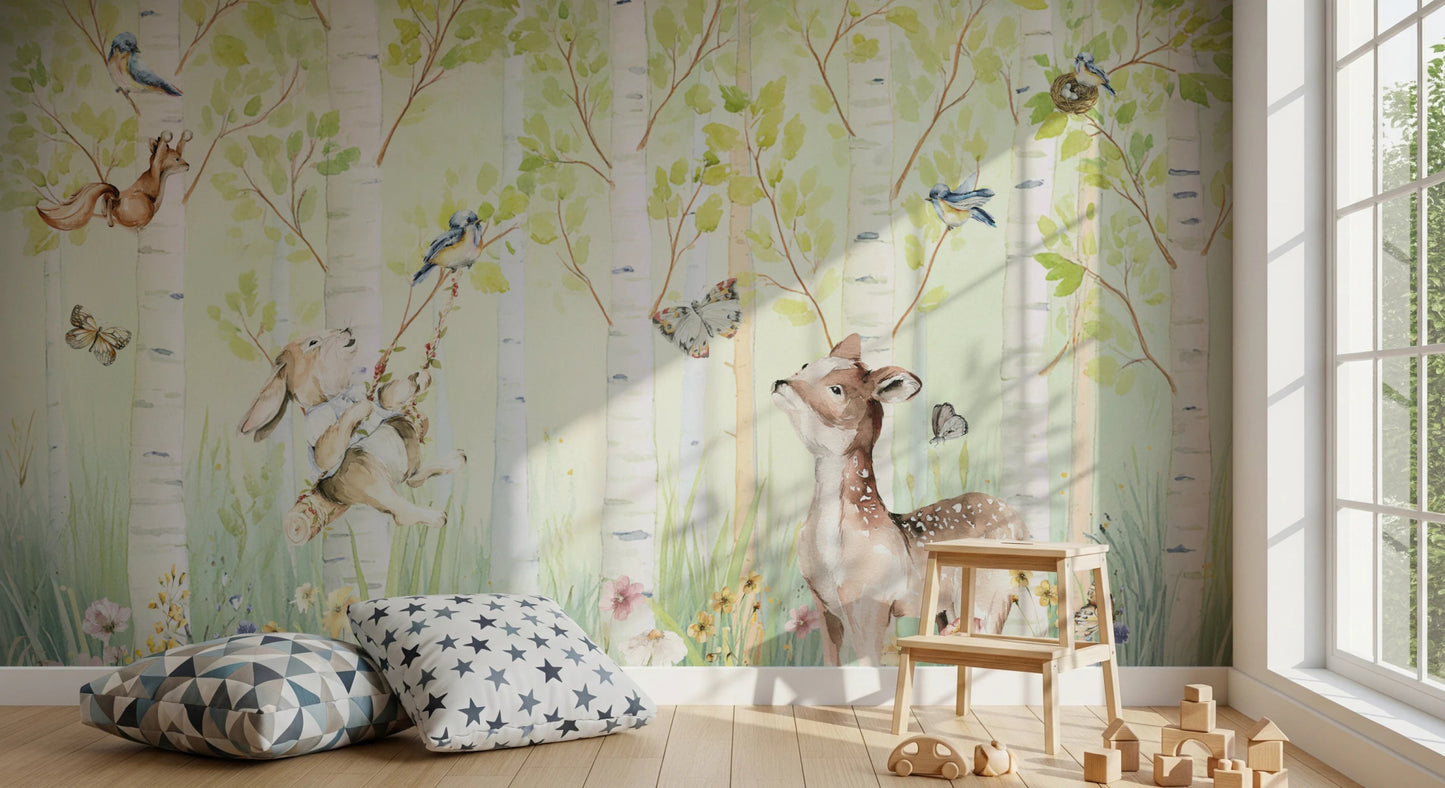 Pastel forest mural for toddler room decor