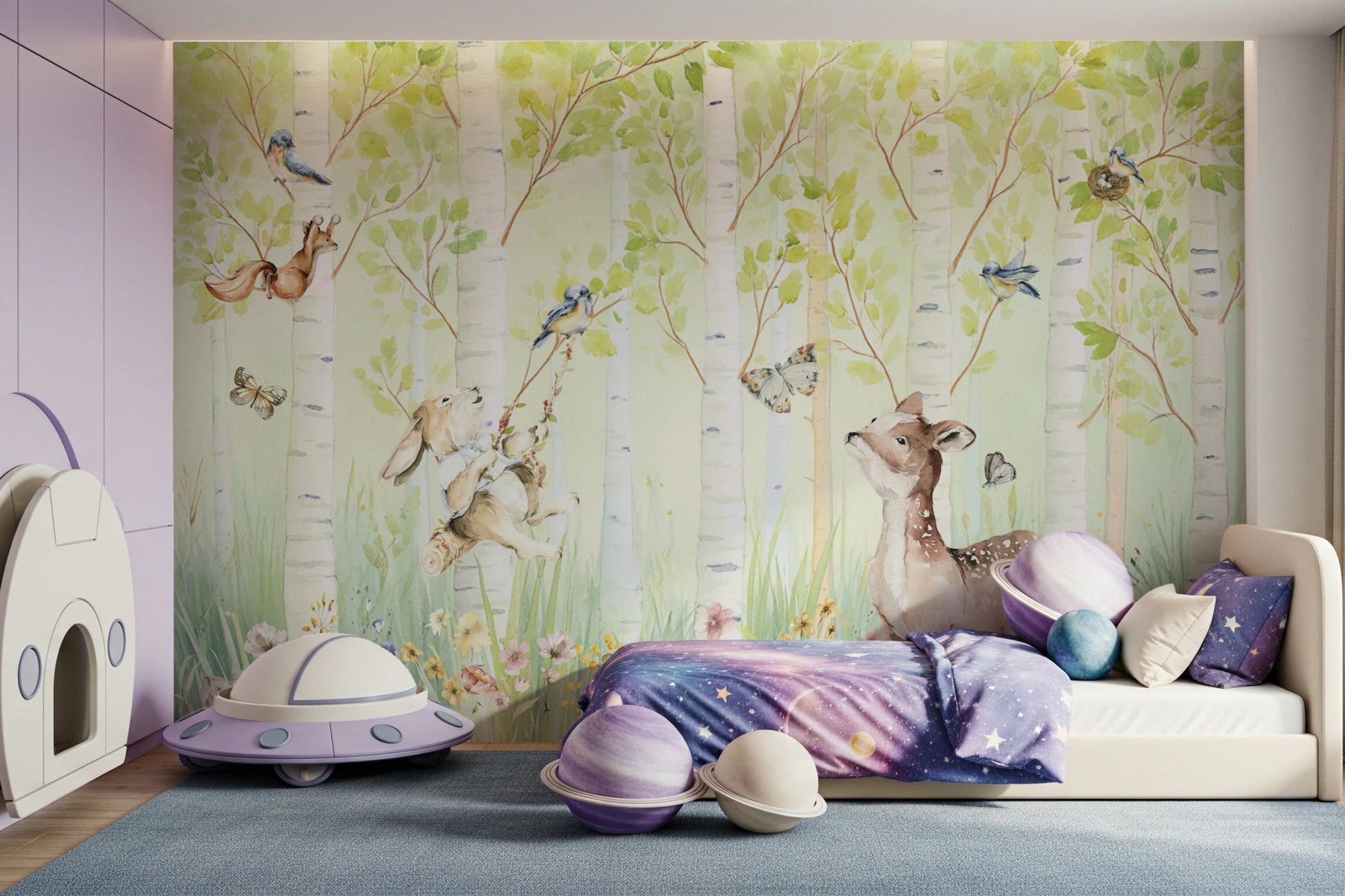 Soft green woodland mural for baby room wall