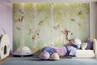 Soft green woodland mural for baby room wall