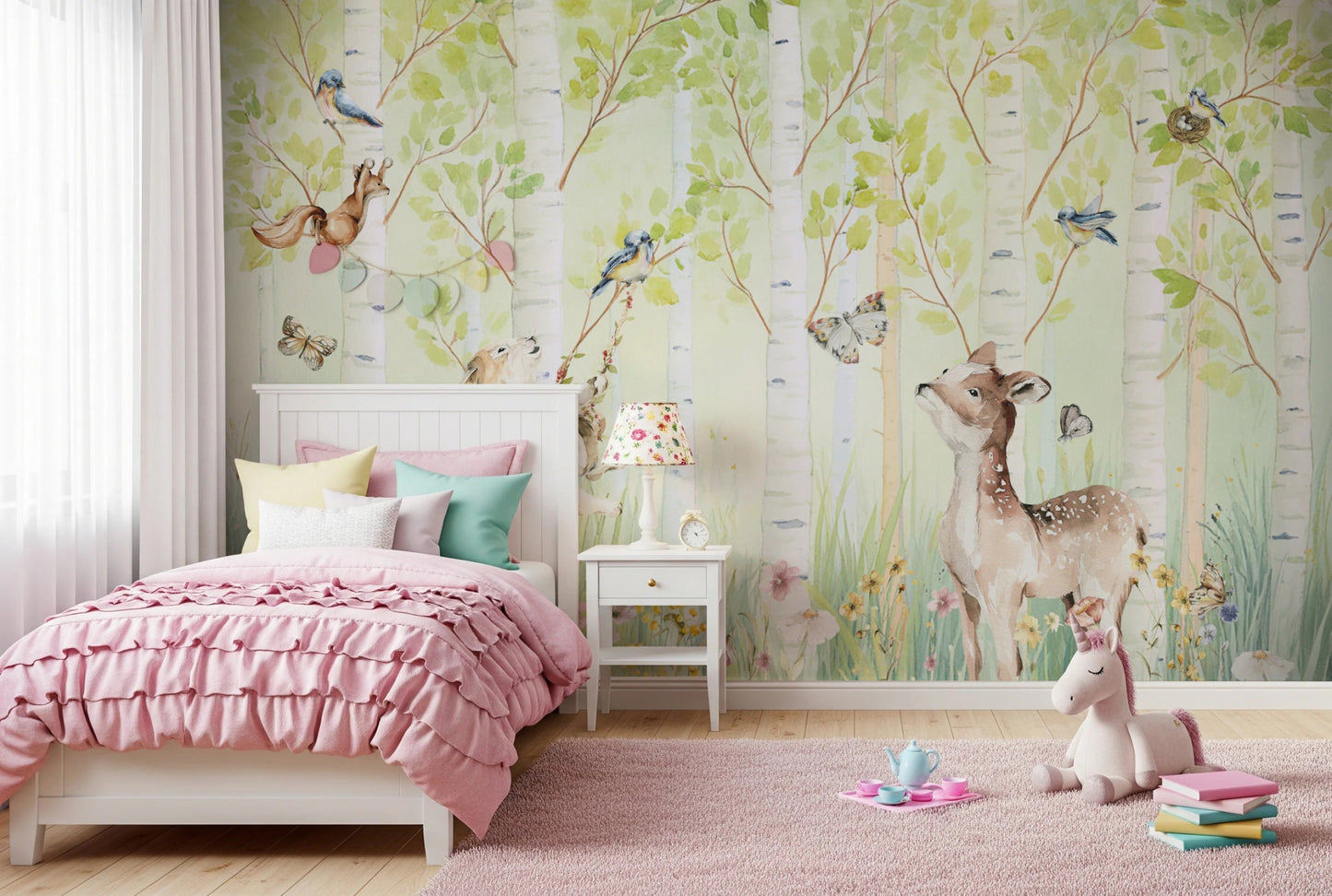 Watercolour forest wallpaper for nursery interior