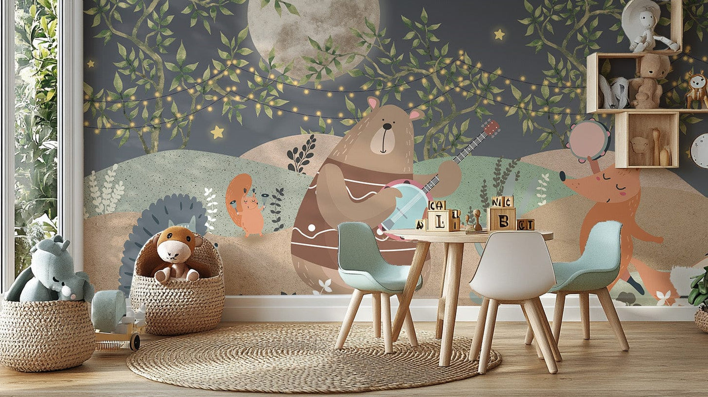 Kids’ mural with forest animals and stars, C91