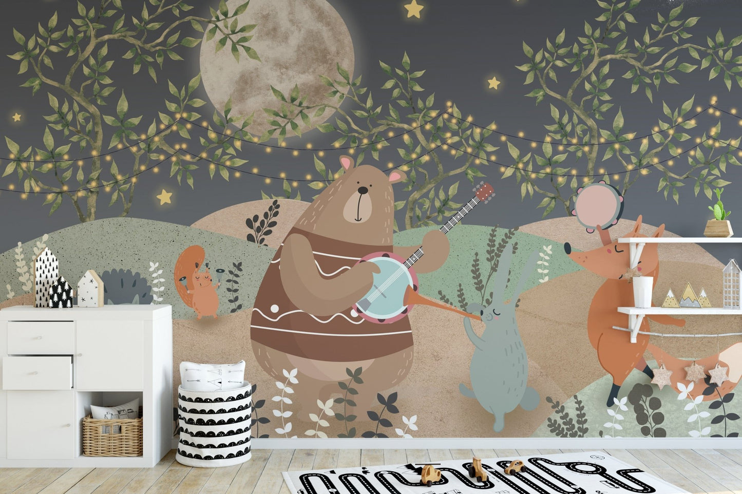 Bear and bunny play in forest mural, C91