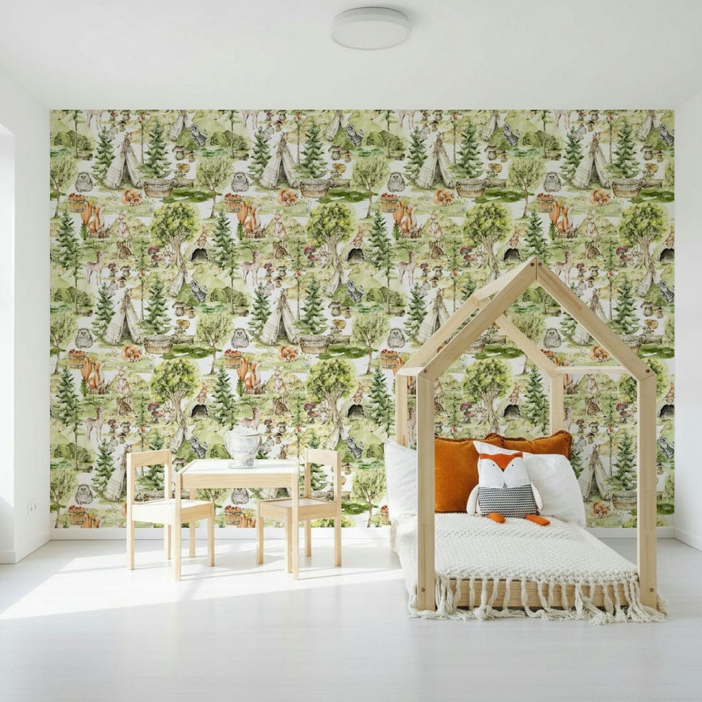 Enchanted Forest Tales woodland animals watercolor wallpaper mural.