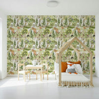 Enchanted Forest Tales woodland animals watercolor wallpaper mural.