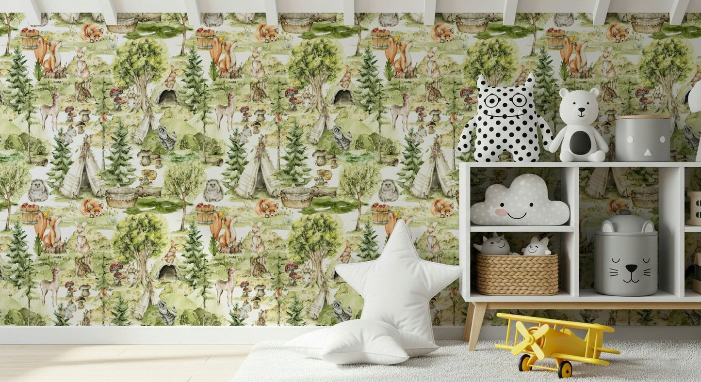 Sleeping fox and hedgehog motifs Enchanted Forest Tales mural.