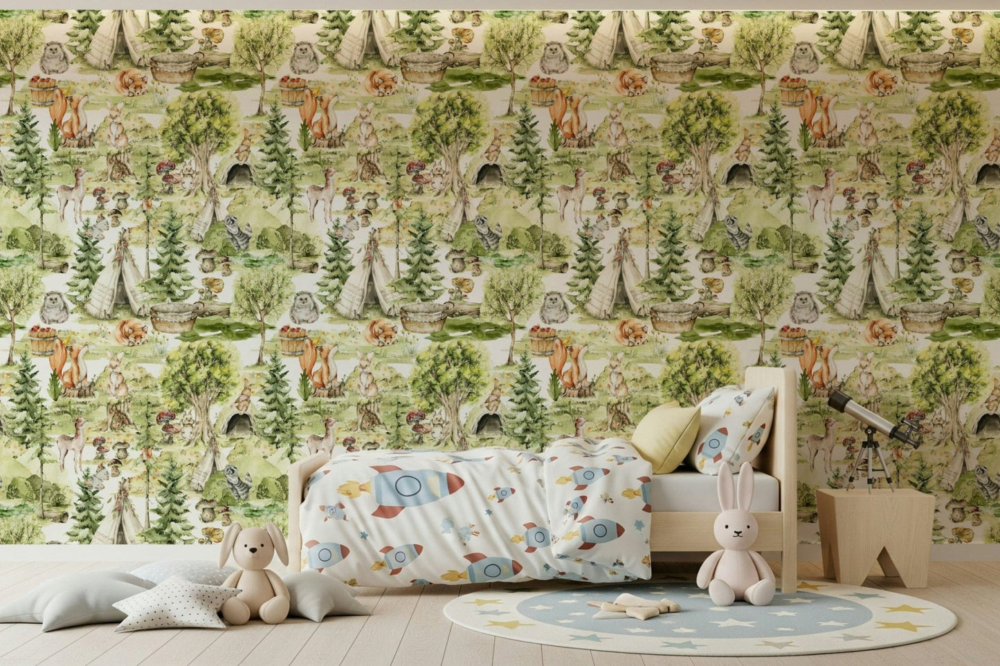 Enchanted Forest Tales nursery wallpaper for walls with bunnies.