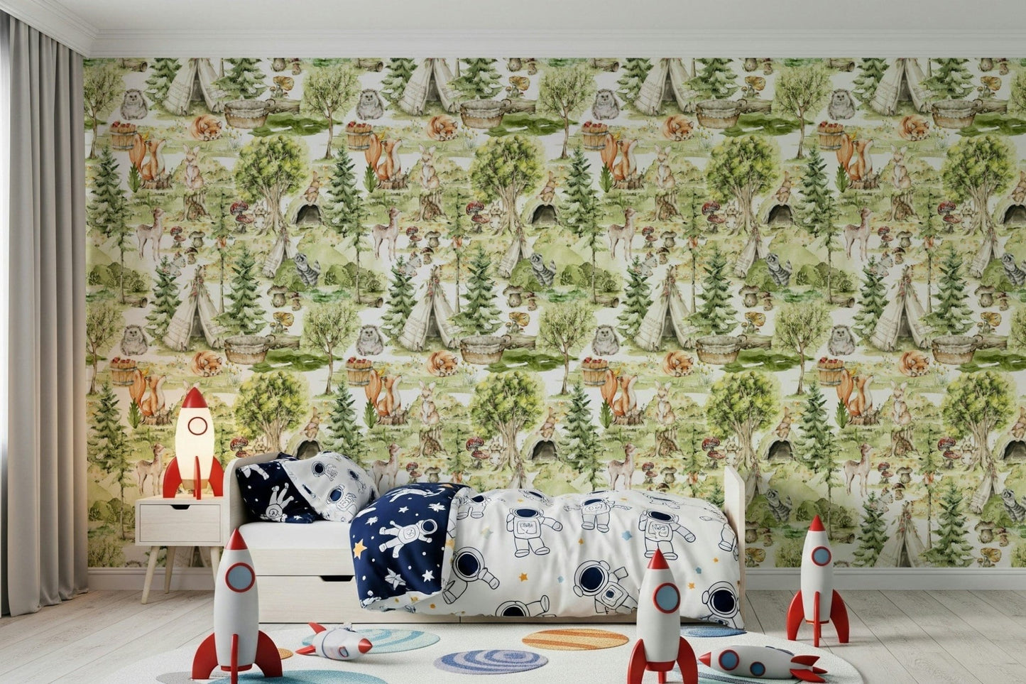 Squirrels climbing evergreen trees Enchanted Forest Tales wallpaper mural.
