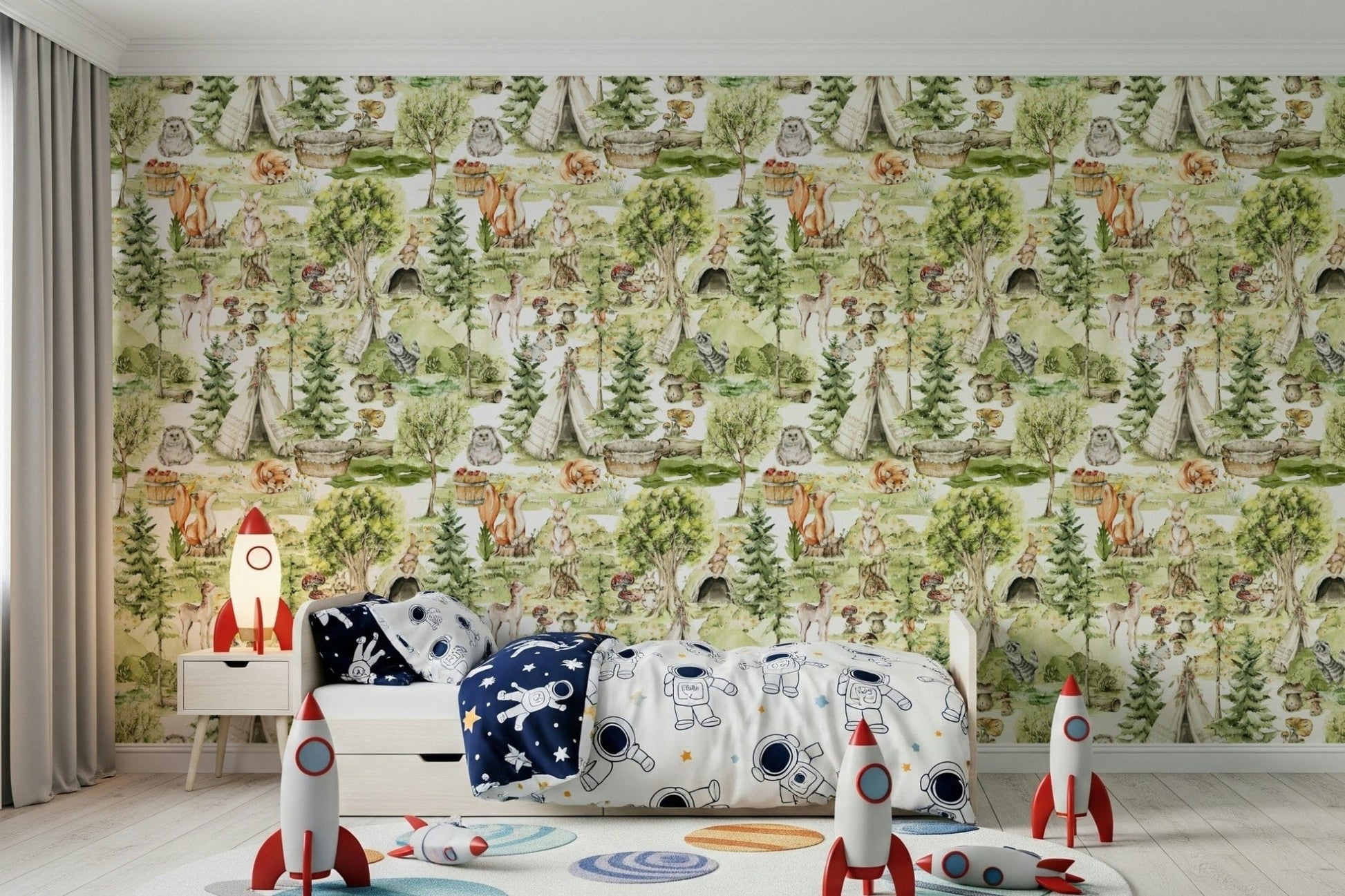 Squirrels climbing evergreen trees Enchanted Forest Tales wallpaper mural.