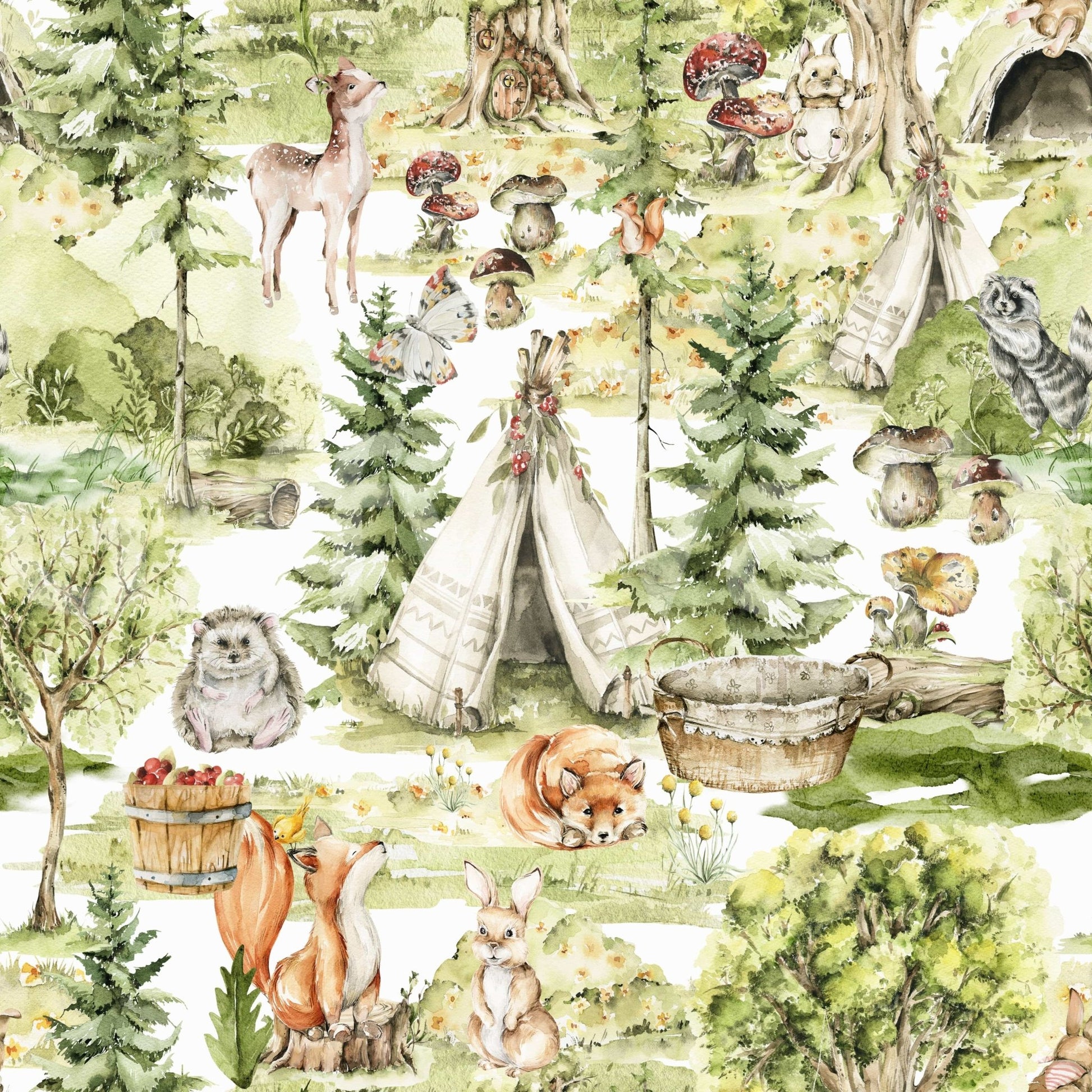 Storybook woodland creature pattern Enchanted Forest Tales mural.