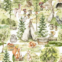 Storybook woodland creature pattern Enchanted Forest Tales mural.